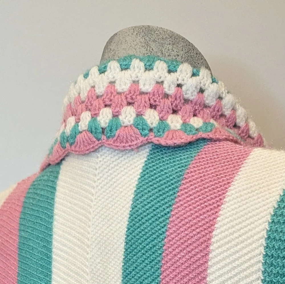 Vintage Striped Pink Ivory and Teal Whimsical Grandmacore Cardigan Size S - Picture 9 of 9